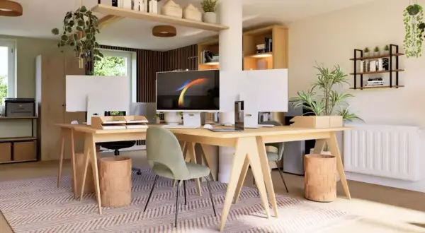 Bureau lumineux et aéré avec deux postes de travail, plantes vertes et étagères. Un espace ouvert idéal pour la productivité.