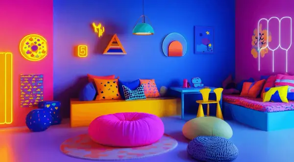 Un espace vibrant où le rose et le bleu électrique se rencontrent, invitant à la couleur de la créativité. Poufs, coussins et néons créent une ambiance ludique.