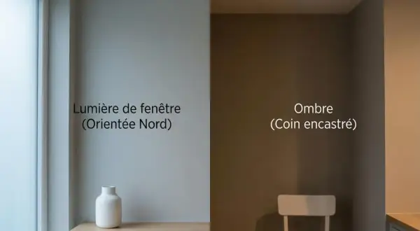Un coin de pièce baigné de lumière douce, contrastant avec une zone d'ombre. L'ambiance est dominée par des couleurs neutres chaudes, évoquant le calme.