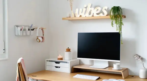 Un coin bureau fonctionnel pour un petit espace. Un bureau en bois avec un écran, un clavier, une souris, des écouteurs roses et une décoration murale "vibes".