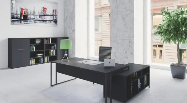 Aménagement bureau direction : bureau noir moderne, étagères remplies de livres, tableau abstrait de pont, plante verte.