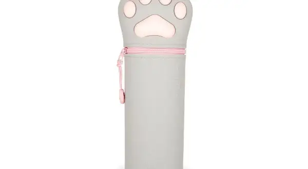 Trousse silicone Legami en forme de patte de chat grise avec fermeture éclair rose.