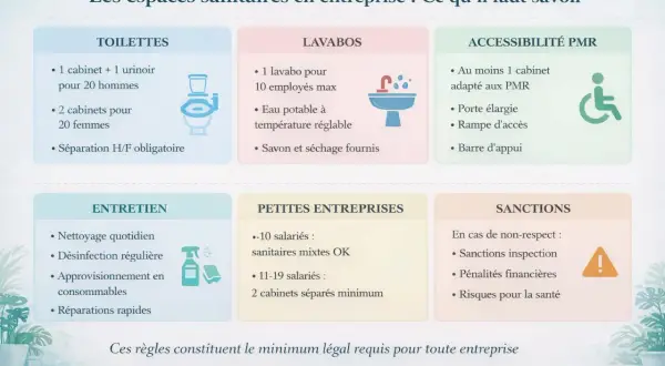 Infographie sur les règles du pause toilette code du travail : nombre de cabinets, lavabos, entretien, PMR, sanctions.