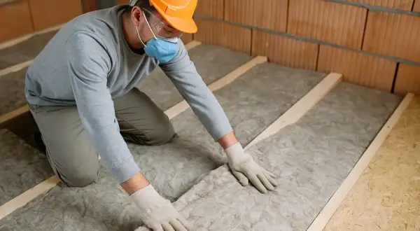Un ouvrier installe un revêtement de sol isolant thermique, protégeant ainsi la maison du froid.