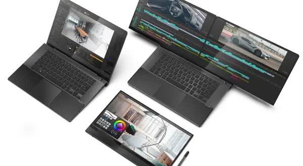 Trois ordinateurs portables affichent des logiciels de création : modélisation 3D, montage vidéo et design. Ils montrent comment utiliser un pc portable comme écran pour un flux de travail créatif étendu.