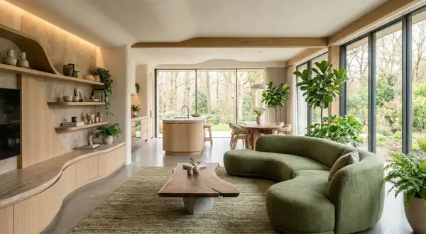 Salon aux formes organiques, inspiré par le biomimétisme. Canapé vert sinueux, table basse en bois brut, cuisine ouverte et vue sur la nature.