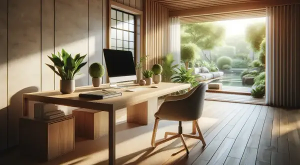 Un bureau zen au travail, baigné de lumière naturelle, avec vue sur un jardin luxuriant et un bassin d'eau.