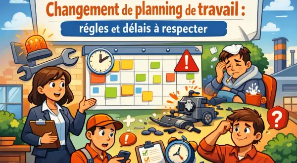 Illustration sur le changement de planning de travail, avec des règles et des délais à respecter. Un employé malade, un autre perplexe.