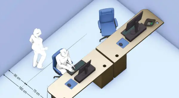 Vue d'un bureau avec un poste écran ordinateur et une fenêtre. Des mesures de distance sont indiquées.