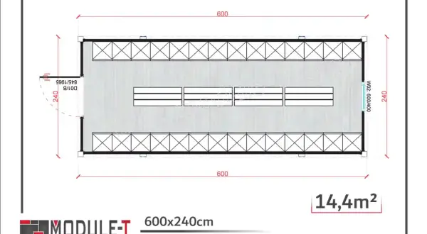 Plan vestiaire 600x240cm, 14,4m². Vue de dessus d'un module préfabriqué avec des rangées de bancs.