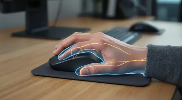 Main souris tenue par une main, avec des lignes lumineuses bleues et oranges simulant les nerfs ou les flux d'énergie.