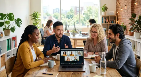 Une équipe diverse participe à une réunion en présentiel, avec des collègues connectés en visioconférence sur un écran d'ordinateur.
