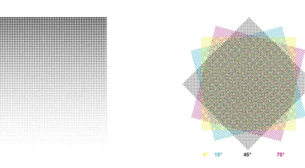 Motifs de points noirs dégradés et étoiles colorées montrant des angles d'impression pour la taille papier imprimante.