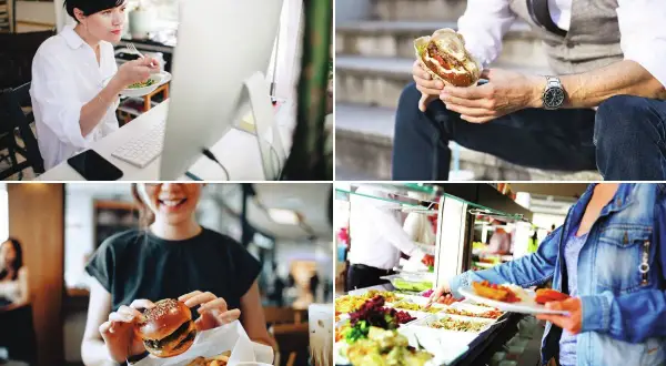 Pause déjeuner obligatoire : une femme mange devant son ordinateur, un homme savoure un burger, une jeune femme tient un burger, et une personne choisit des plats à la cafétéria.