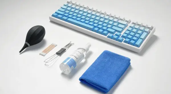 Kit pour nettoyer clavier ordinateur : soufflette, coton-tiges, extracteur de touches, spray nettoyant et chiffon microfibre.