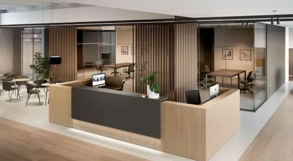 Aménagement espace accueil moderne avec réception en bois clair et gris anthracite, séparations en lattes de bois et bureaux vitrés.