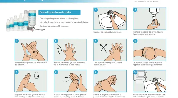 Illustrations montrant quand faut il se laver les mains, étape par étape, avec du savon liquide Solvirex.