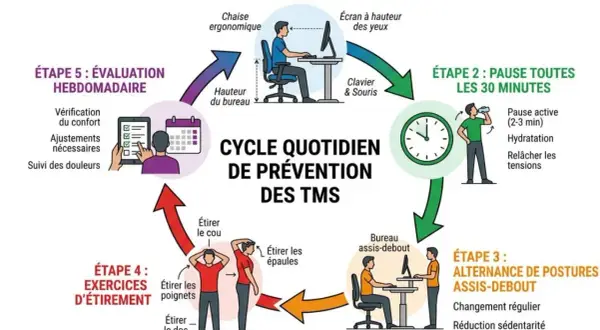 Cycle de prévention des TMS : réglage du poste, pauses, alternance assis-debout, étirements et évaluation pour une ergonomie mobile optimale.