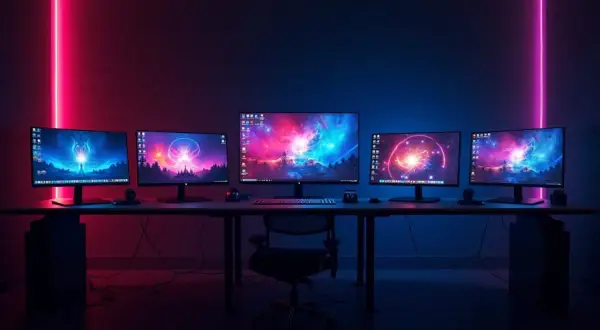 Bureau avec cinq écrans affichant des fonds d'écran cosmiques, éclairé par des néons roses et bleus. Idéal pour bien régler son écran gamer.