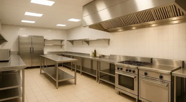 Cuisine professionnelle en inox, conforme au code du travail. Équipements modernes, réfrigérateur, tables de travail, hotte aspirante et cuisinière.