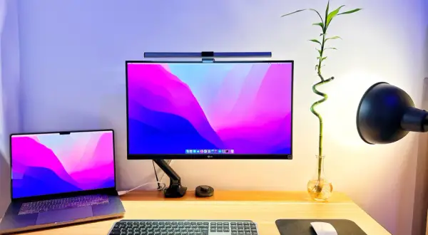 Un bureau de rêve pour un setup développeur : MacBook, écran LG, clavier et souris, avec une touche de verdure.
