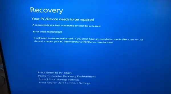 Sur son ecran pc, un message d'erreur "Recovery" indique que le PC a besoin d'être réparé, avec le code 0xc0000225.
