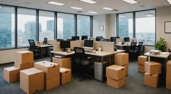 Bureau vide, cartons empilés, prêt pour un déménagement. Les postes de travail sont déserts, la vue sur la ville promet un nouveau départ.