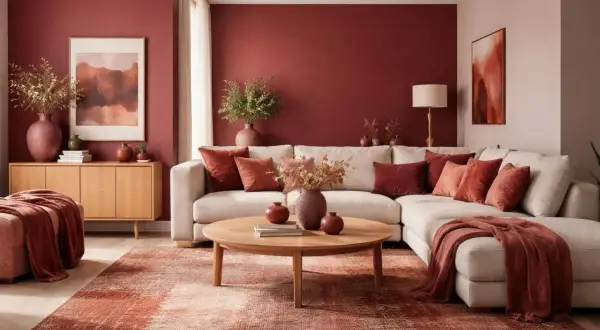 Salon chaleureux aux murs rouge brique, rappelant la teinte marsala pantone. Canapé clair, coussins et tapis dans des tons terreux.
