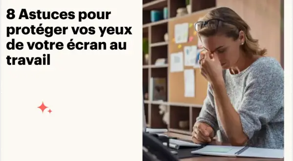 Femme fatiguée, se massant les tempes, les yeux irrités par l'écran au travail.