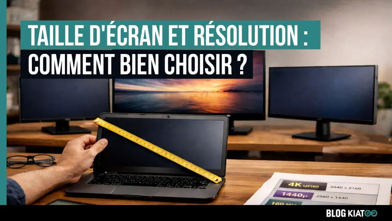 Mesure d'un écran d'ordinateur portable avec un mètre ruban. Guide pour comment choisir un écran d'ordinateur, avec des résolutions affichées.