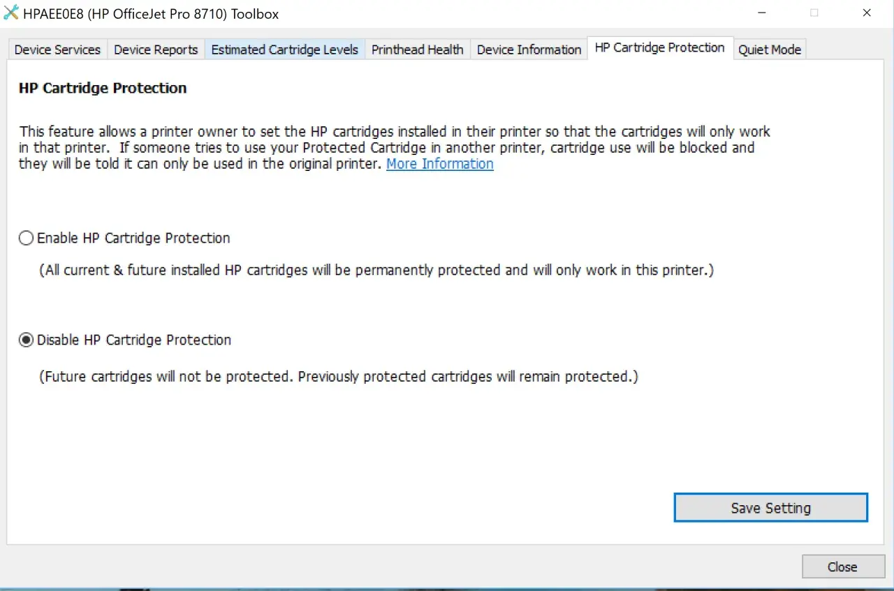 Fenêtre pour désactiver la protection des cartouches HP. L'option "Disable HP Cartridge Protection" est sélectionnée.