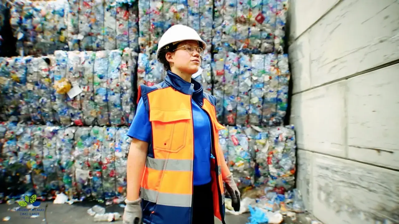 Employée en tenue de sécurité, devant des balles de plastique compressé. Elle veille au respect de la réglementation locale sur les déchets, en accord avec le code du travail.