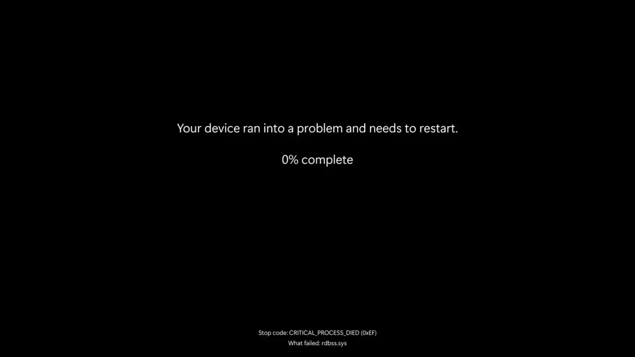 Écran trop sombre : "Your device ran into a problem and needs to restart. 0% complete." Erreur système.