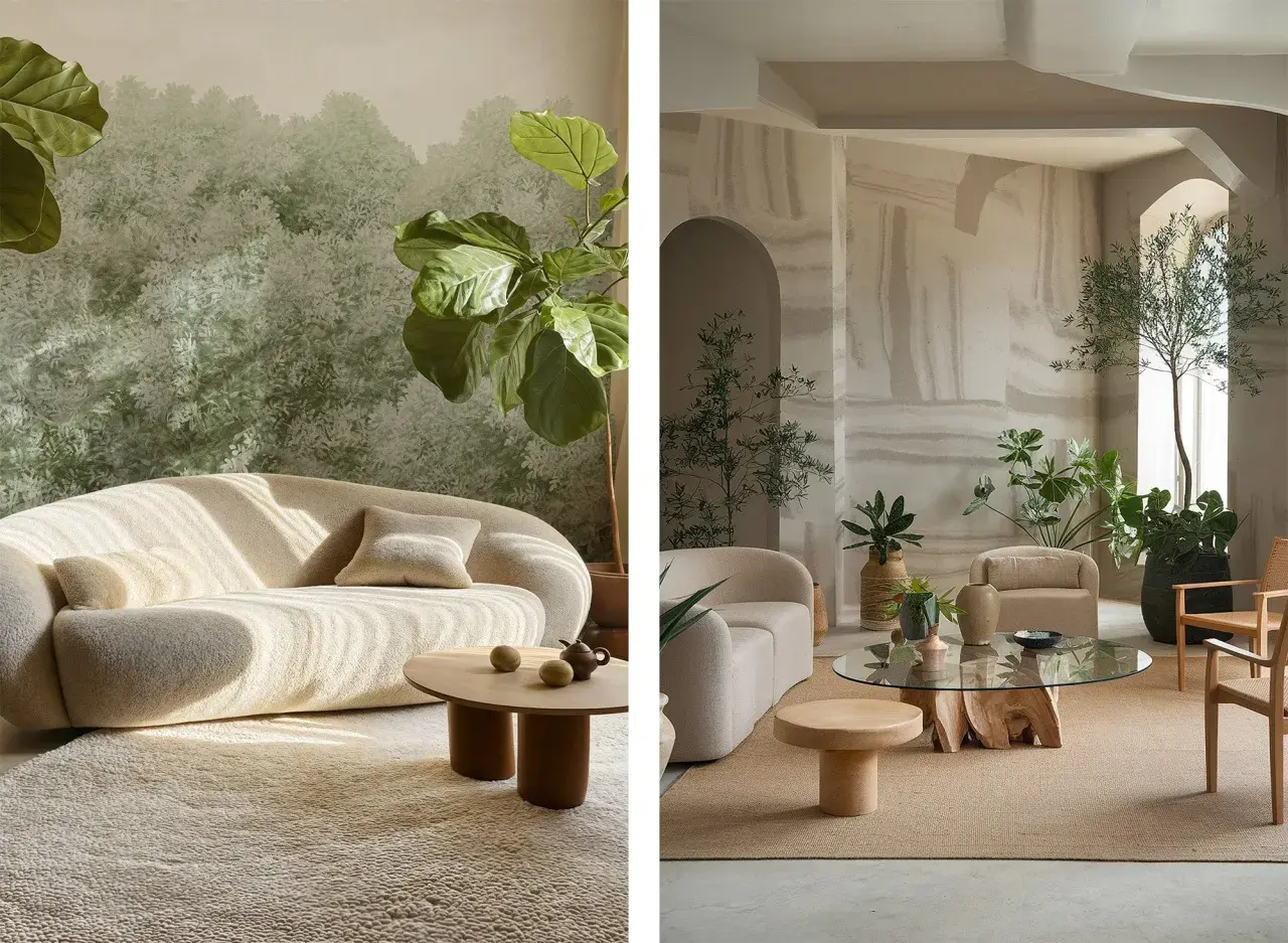 Ambiance biophilie def. Salons douillets avec canapés arrondis, tapis moelleux et abondance de plantes vertes, évoquant la nature.