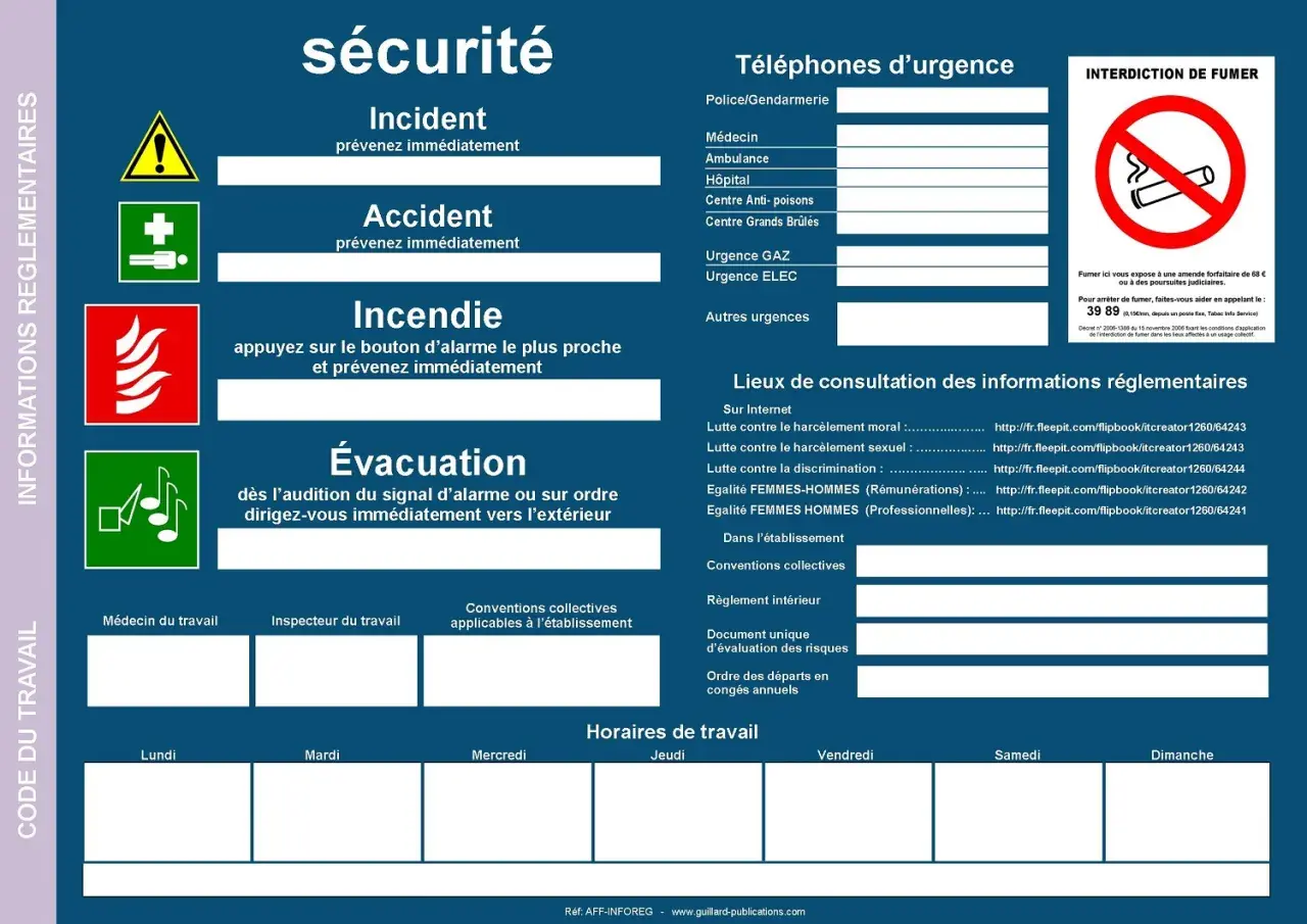Tableau d'affichages obligatoires entreprise : sécurité, urgences, interdiction de fumer, informations réglementaires et horaires de travail.