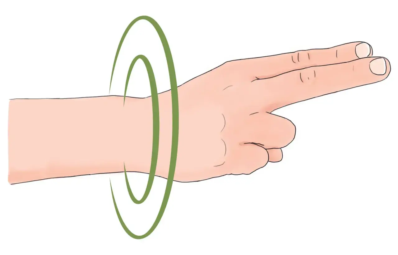 Illustration d'un bras effectuant un étirement poignet, avec des cercles verts indiquant le mouvement.