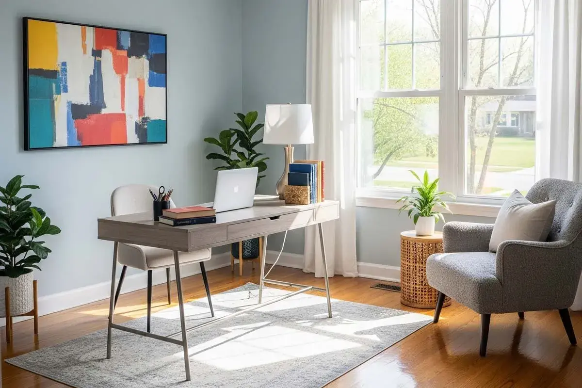 Bureau lumineux avec un ordinateur portable, des plantes et une œuvre d'art colorée. Idéal pour ranger son bureau et travailler dans une ambiance sereine.