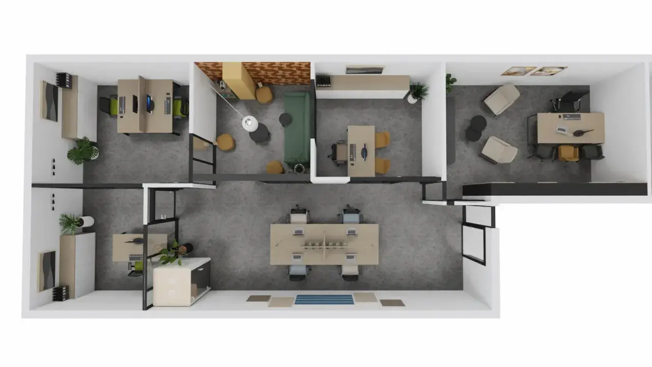 Plan d'espace d'un bureau moderne avec postes de travail, salle de réunion et espace détente.
