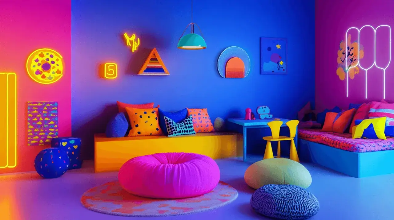 Un espace vibrant où le rose et le bleu électrique se rencontrent, invitant à la couleur de la créativité. Poufs, coussins et néons créent une ambiance ludique.