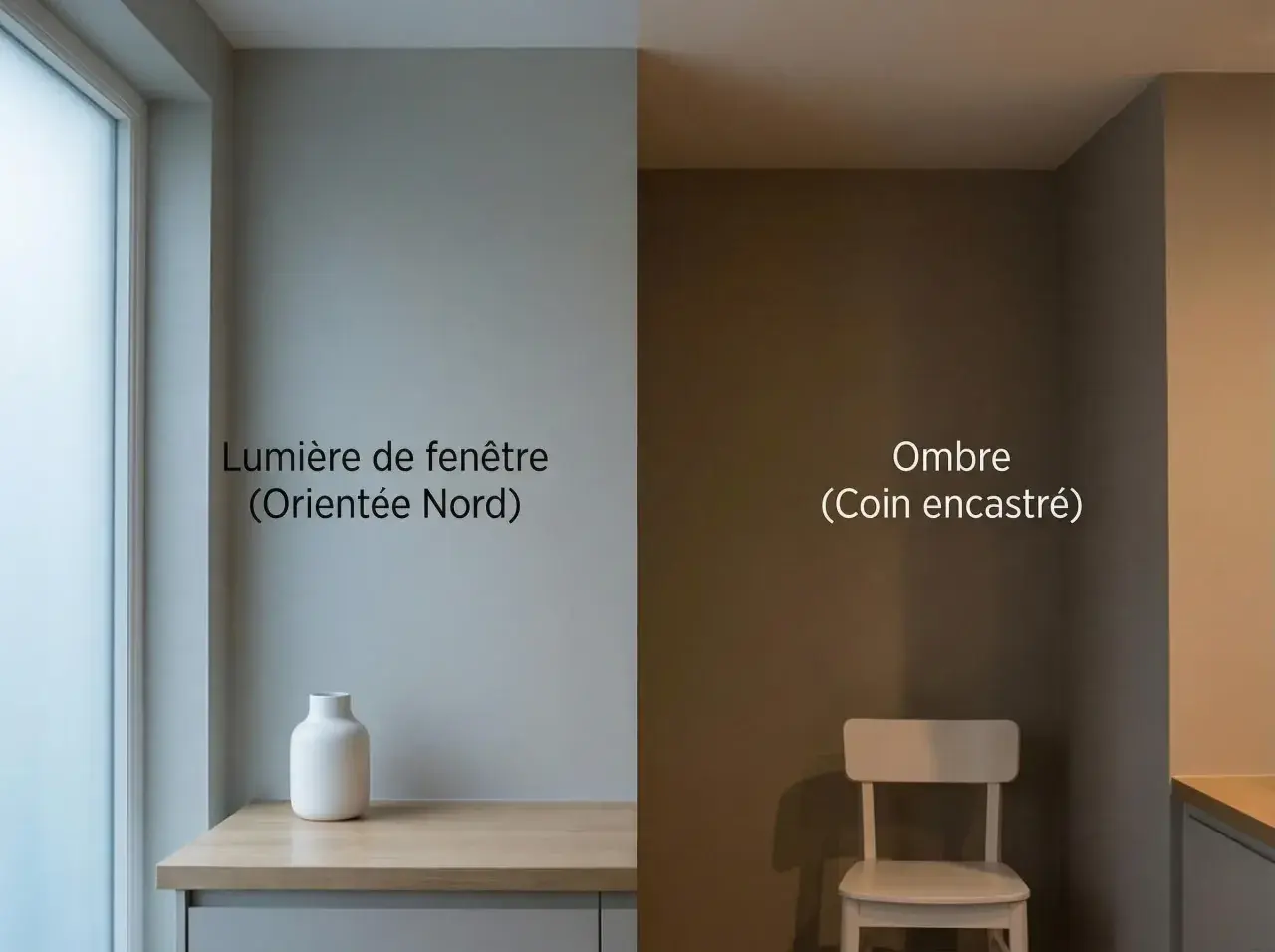 Un coin de pièce baigné de lumière douce, contrastant avec une zone d'ombre. L'ambiance est dominée par des couleurs neutres chaudes, évoquant le calme.