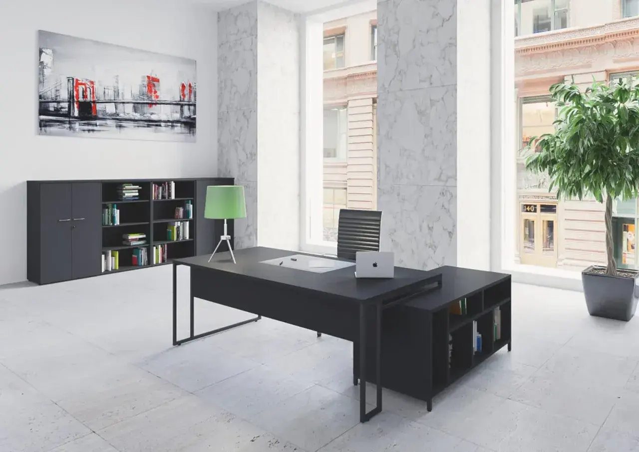 Aménagement bureau direction : bureau noir moderne, étagères remplies de livres, tableau abstrait de pont, plante verte.