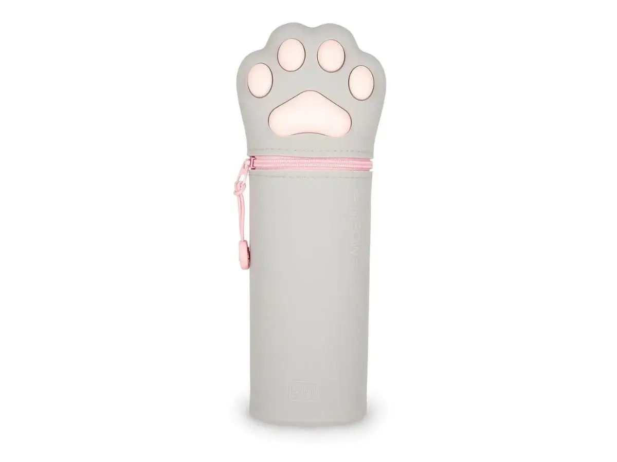 Trousse silicone Legami en forme de patte de chat grise avec fermeture éclair rose.
