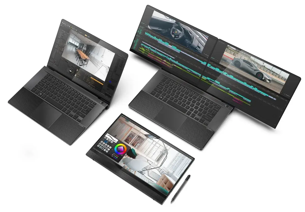 Trois ordinateurs portables affichent des logiciels de création : modélisation 3D, montage vidéo et design. Ils montrent comment utiliser un pc portable comme écran pour un flux de travail créatif étendu.