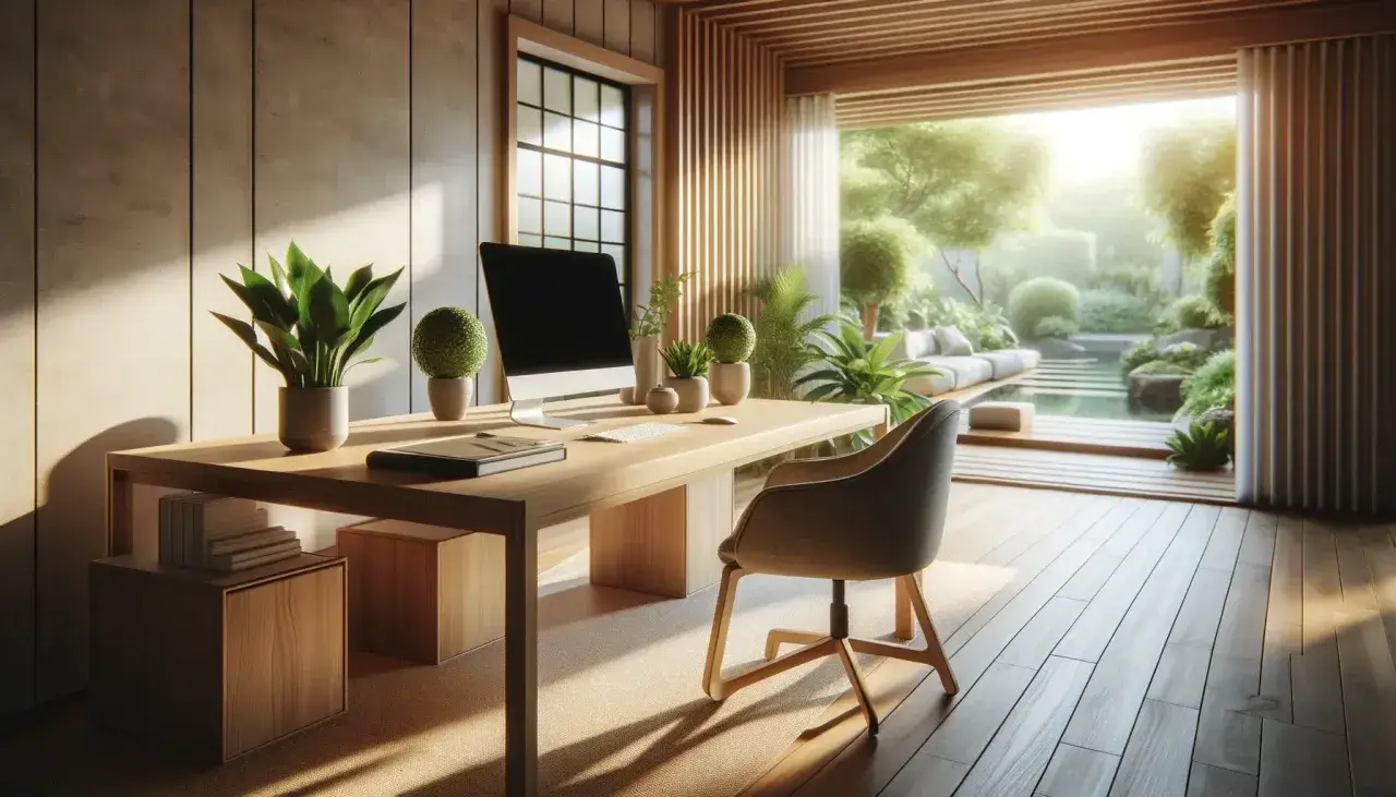 Un bureau zen au travail, baigné de lumière naturelle, avec vue sur un jardin luxuriant et un bassin d'eau.