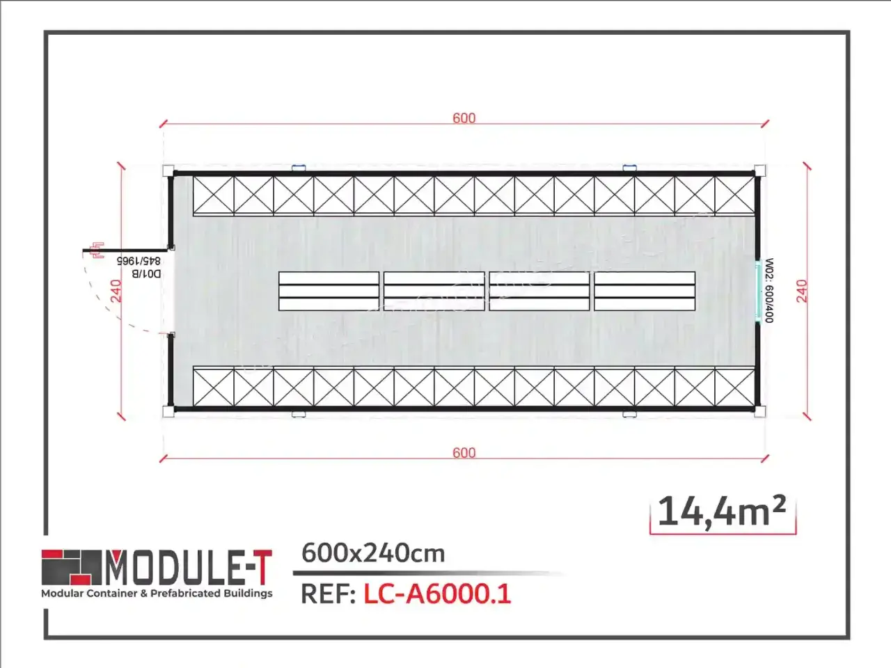 Plan vestiaire 600x240cm, 14,4m². Vue de dessus d'un module préfabriqué avec des rangées de bancs.