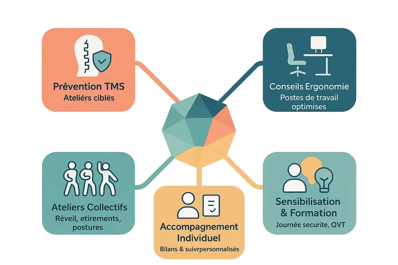 Schéma des services pour un poste de travail ergonomique dans l'industrie : prévention TMS, conseils ergonomie, ateliers collectifs, accompagnement individuel, sensibilisation & formation.