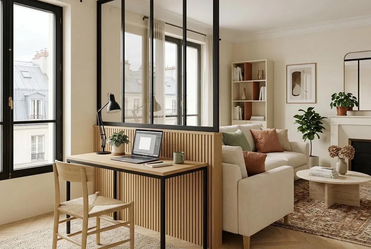 Un coin bureau dans le salon, avec un bureau en bois, un ordinateur portable et une chaise. Le salon est meublé d'un canapé, d'une table basse et d'une cheminée.