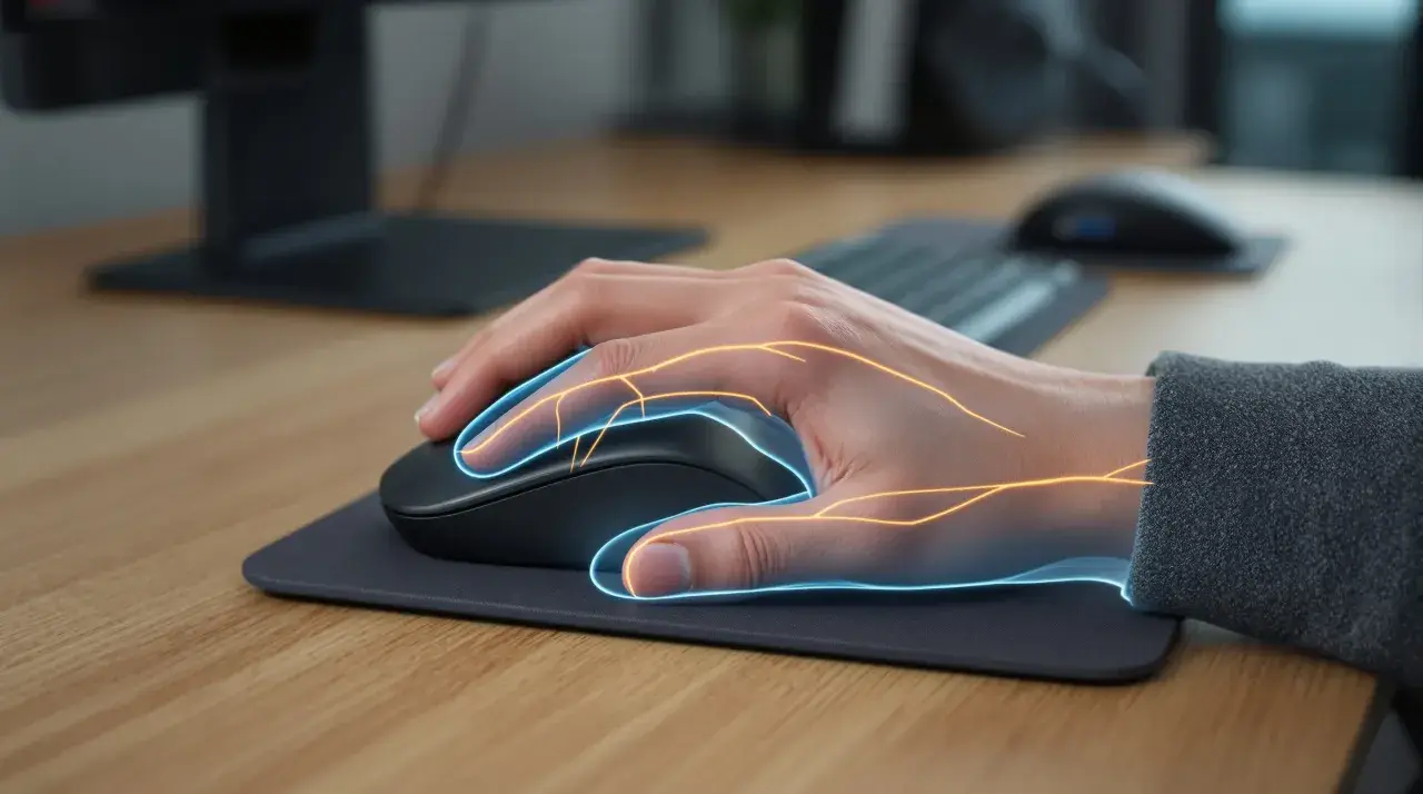 Main souris tenue par une main, avec des lignes lumineuses bleues et oranges simulant les nerfs ou les flux d'énergie.