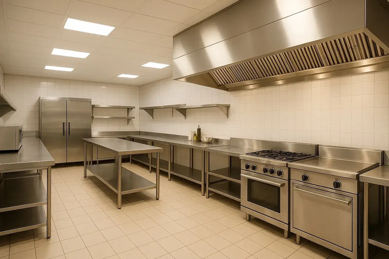 Cuisine professionnelle en inox, conforme au code du travail. Équipements modernes, réfrigérateur, tables de travail, hotte aspirante et cuisinière.