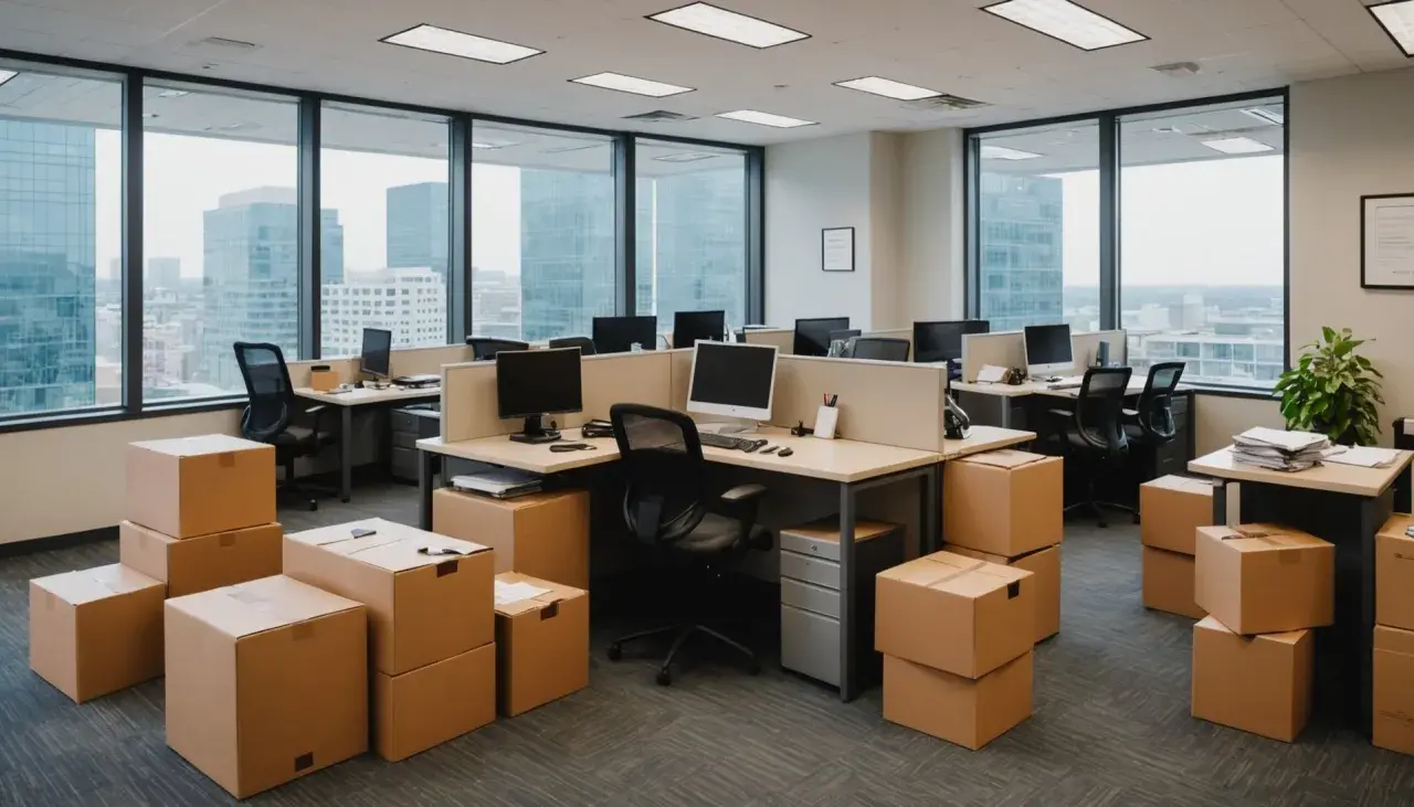 Bureau vide, cartons empilés, prêt pour un déménagement. Les postes de travail sont déserts, la vue sur la ville promet un nouveau départ.